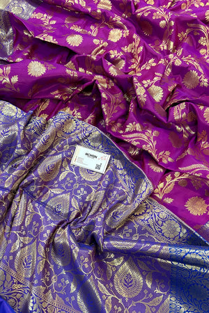 Purple and Royal Blue Morpankhi Jaal Satin Silk Banarasi Saree