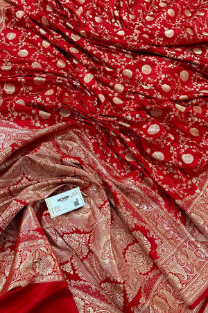 Red Churmuri Jaal Katan Silk Banarasi Saree