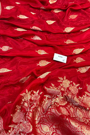 Red Golden Zari Georgette Silk Banarasi Saree