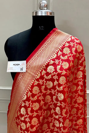Red Golden Zari Katan Silk Banarasi Dupatta