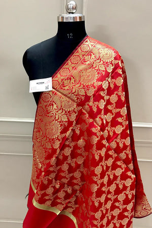 Red Golden Zari Satin Silk Banarasi Dupatta