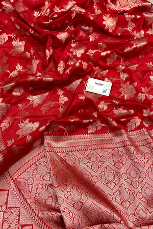 Red Zari Organza Silk Banarasi Saree