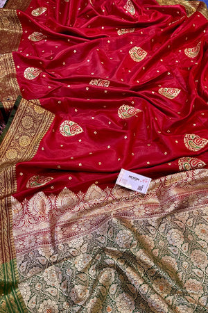 Red and Green Golden Zari Satin Silk Banarasi Saree