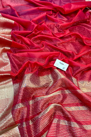 Red and Green Plain Silky Banarasi Saree