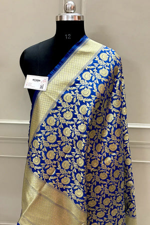 Royal Blue Golden Zari Katan Silk Banarasi Dupatta
