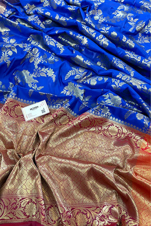 Royal Blue and Maroon Bharama Jaal Satin Silk Banarasi Saree