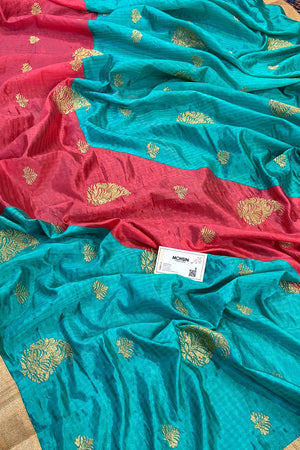 Sea Green and Peach Embroidery Silky Banarasi Saree