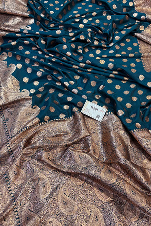 Teal Golden Zari Satin Silk Banarasi Saree