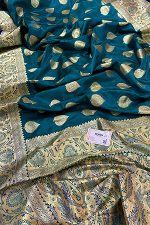 Teal and Royal Blue Golden Zari Katan Silk Banarasi Saree