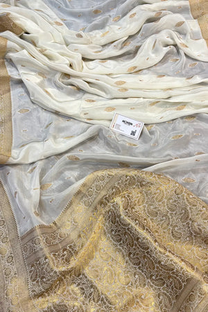 White Golden Zari Georgette Silk Banarasi Saree