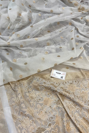 White Golden Zari Raw Mango Silk Banarasi Saree