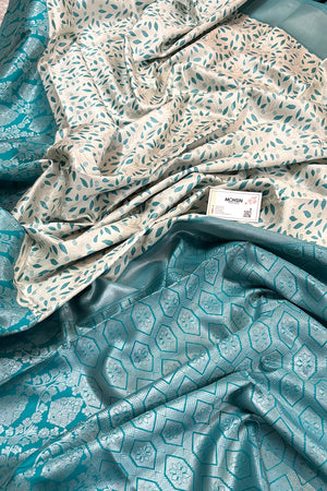 White and Firozi Resham Zari Banarasi Silk Saree