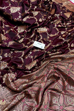 Wine Golden Zari Katan Silk Banarasi Saree