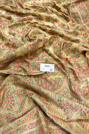 Yellow Printed Linen Silk Banarasi Saree