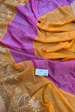 Yellow and Pink Embroidery Work Chanderi Silk Banarasi Saree