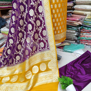 Yellow and Purple Handloom Georgette Silk Banarasi Suit