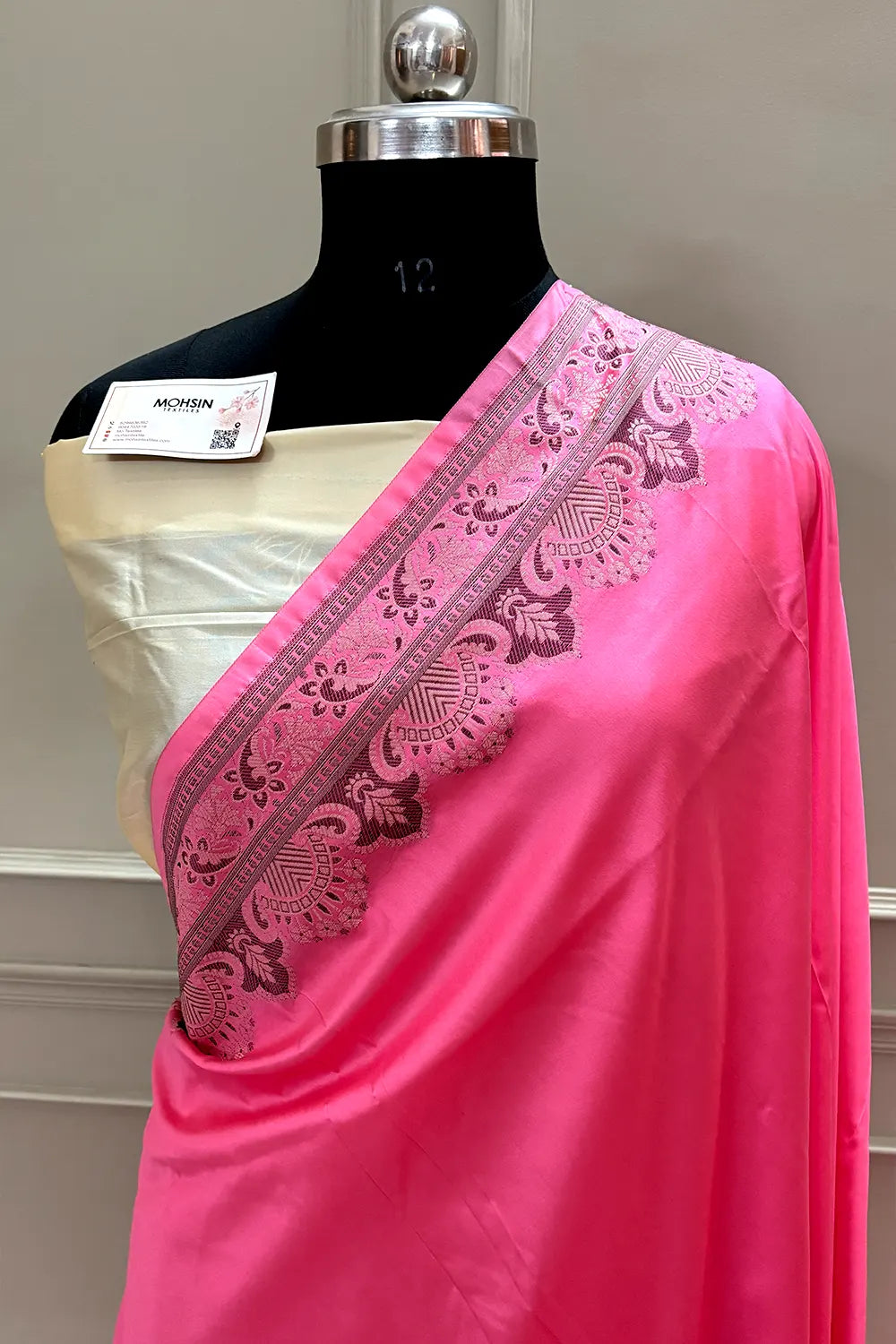 Baby Pink and Beige Plain Resham Silk Banarasi Saree