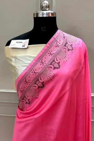 Baby Pink and Beige Plain Resham Silk Banarasi Saree