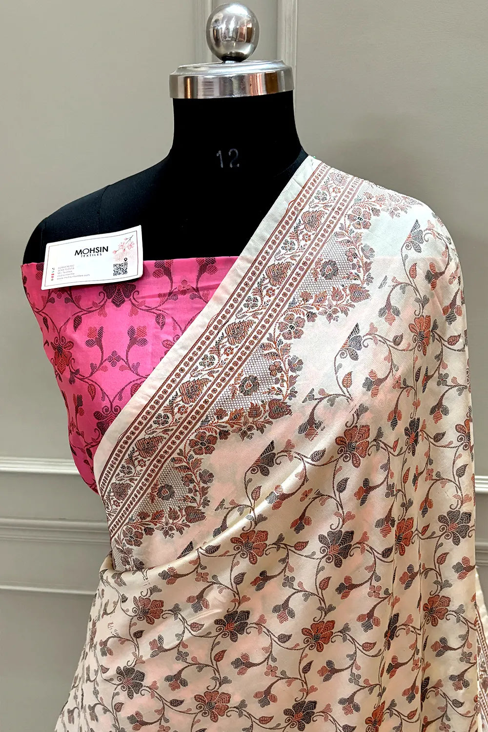 Beige and Baby Pink Resham Silk Banarasi Saree