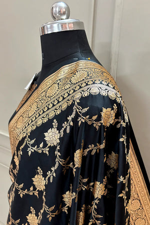 Black Akbari Jaal Katan Silk Banarasi Saree