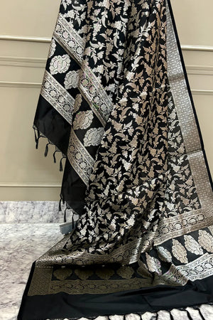 Black Golden Zari Katan Silk Banarasi Dupatta