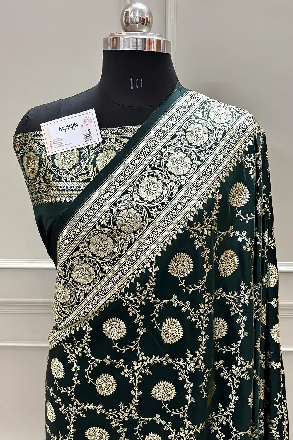 Bottle Green Pankhuri Jaal Katan Silk Banarasi Saree