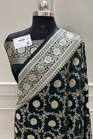 Bottle Green Pankhuri Jaal Katan Silk Banarasi Saree