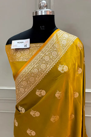 Mustard Golden Flower Katan Silk Banarasi Saree