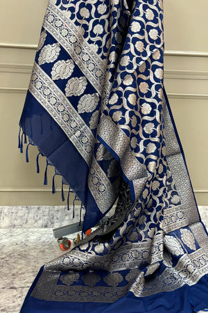 Navy Blue Patti Jaal Katan Silk Banarasi Dupatta