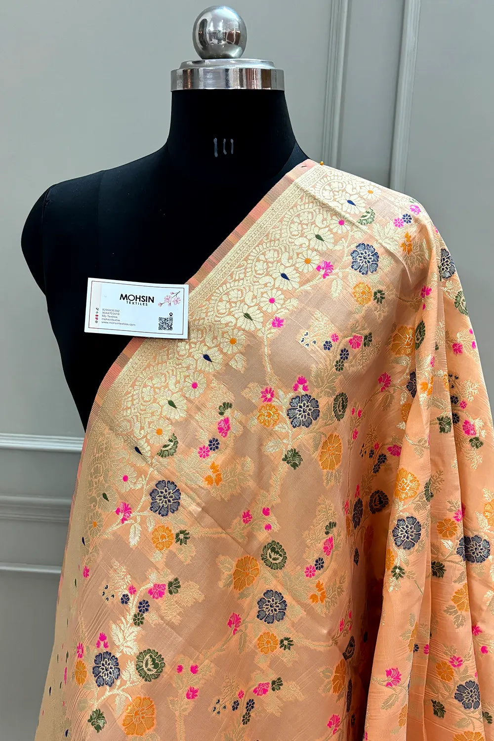 Peach Golden Zari Katan Silk Banarasi Dupatta