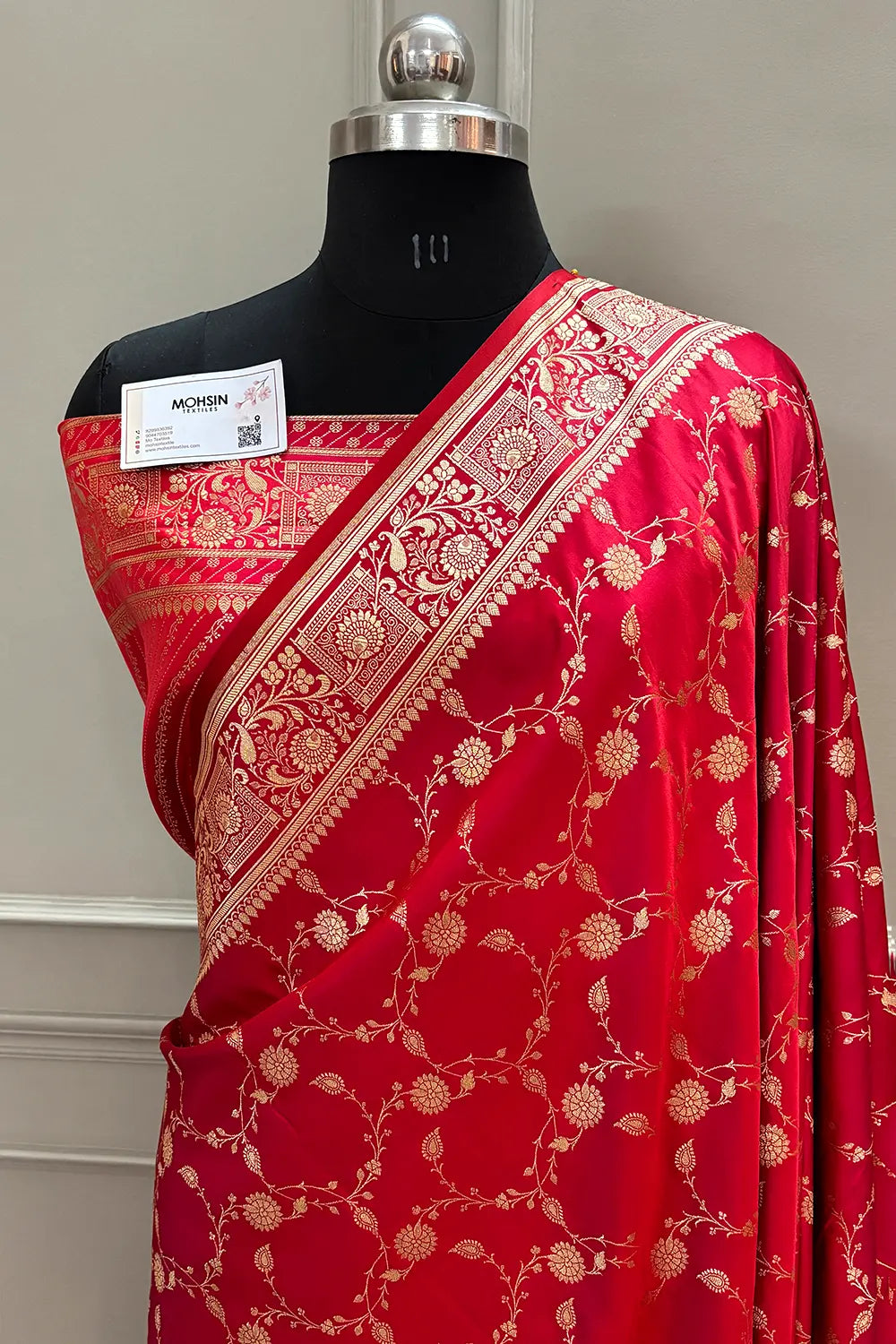 Pinkish Red Albeli Jaal Katan Silk Banarasi Saree
