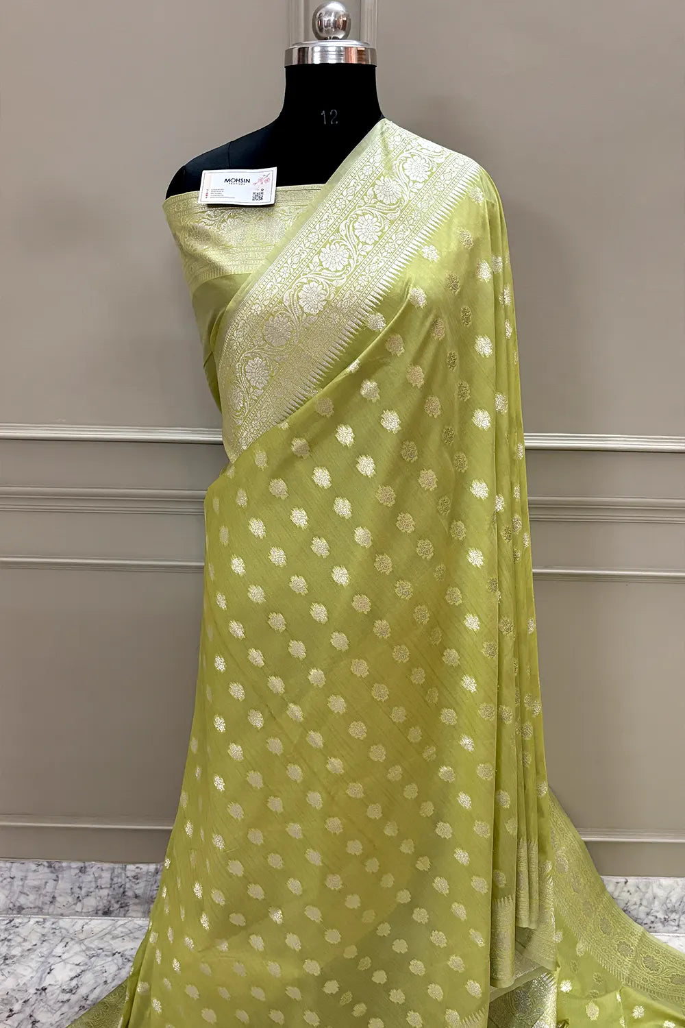 Pista Golden Zari Crepe Silk Banarasi Saree