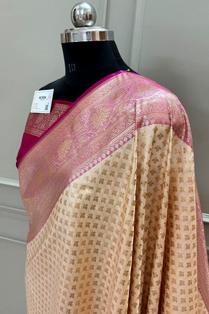 White and Pink Chidi Buti Katan Silk Banarasi Saree