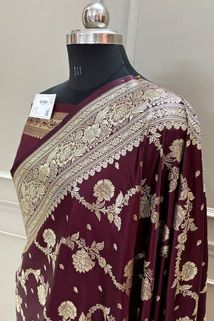 Wine Tirchi Daal Katan Silk Banarasi Saree