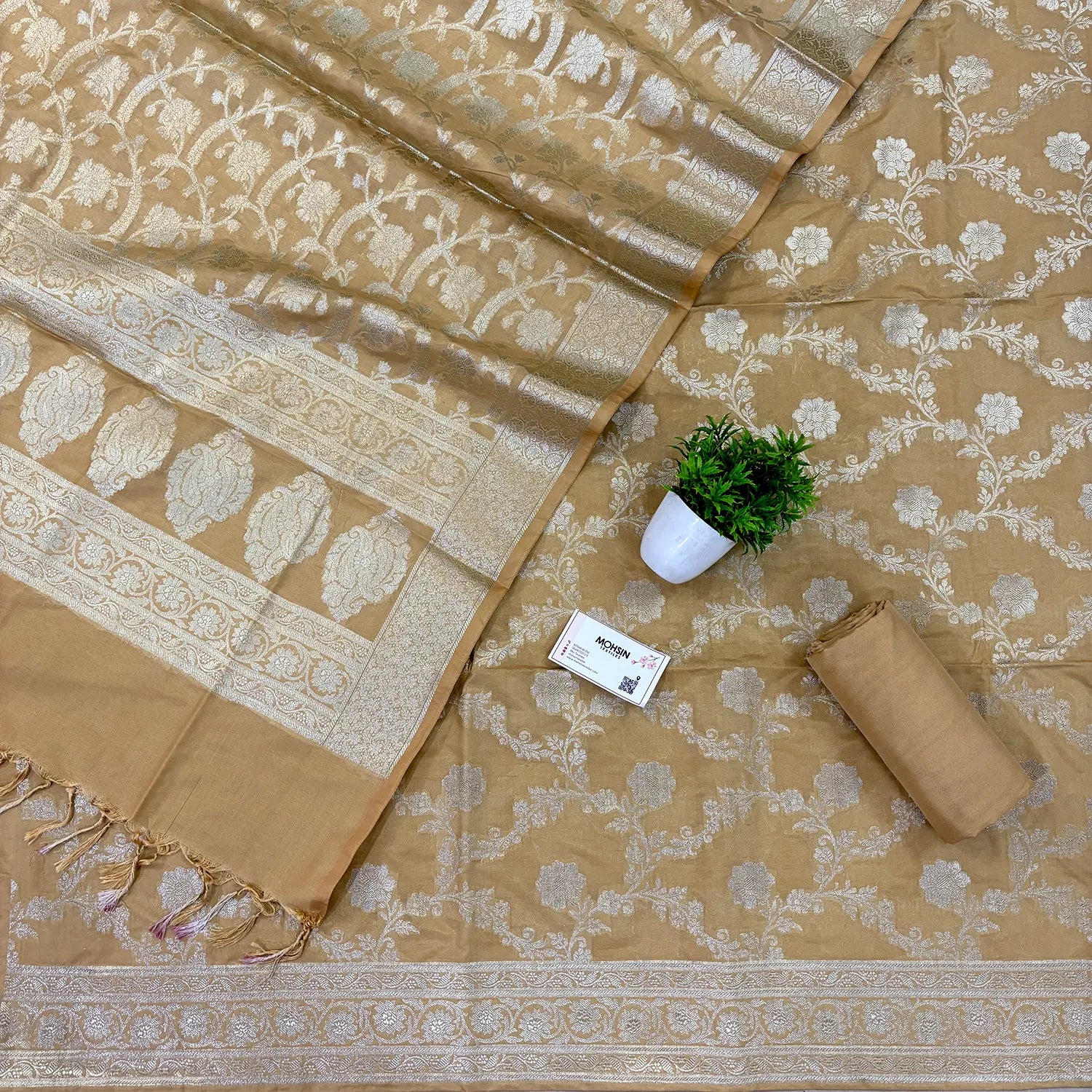 Beige Kashmiri Jaal Katan Silk Banarasi Suit