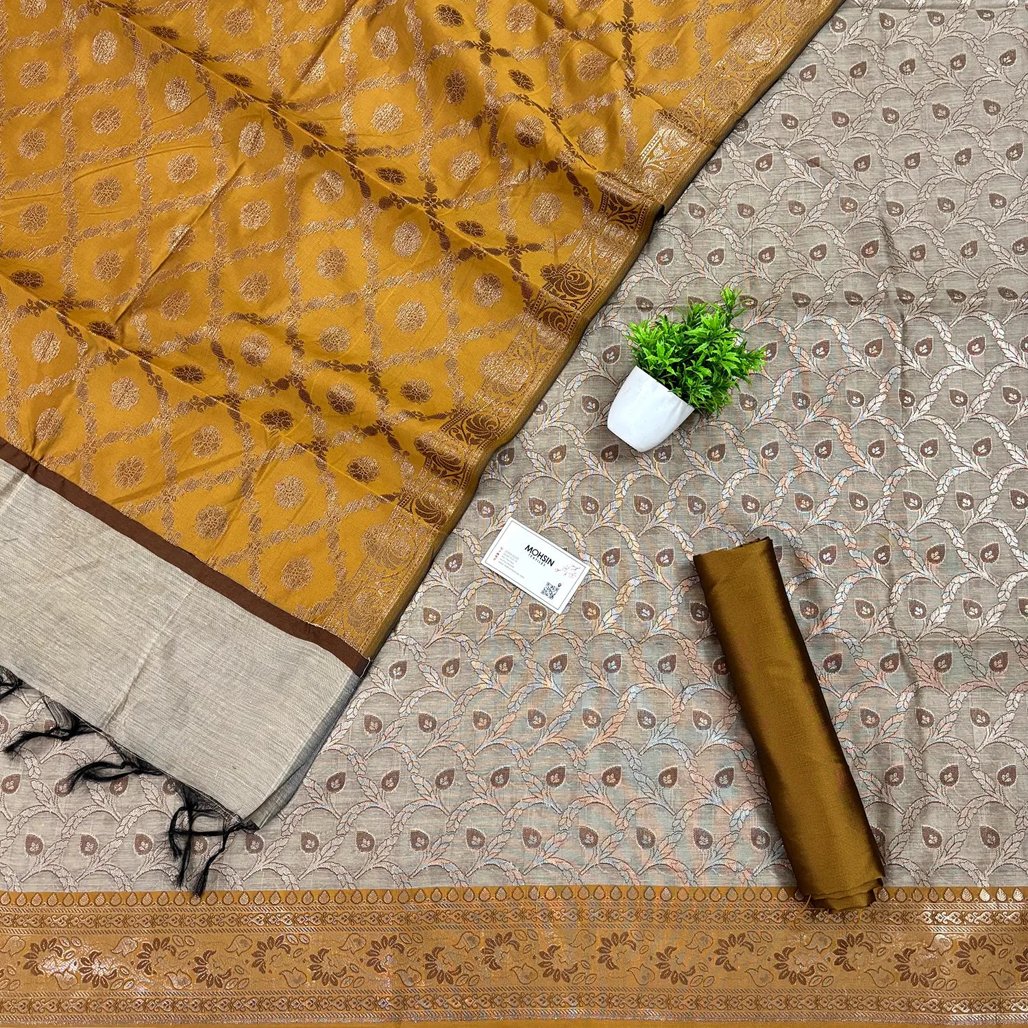 Beige and Mustard Patti Jaal Banarasi Silk Suit