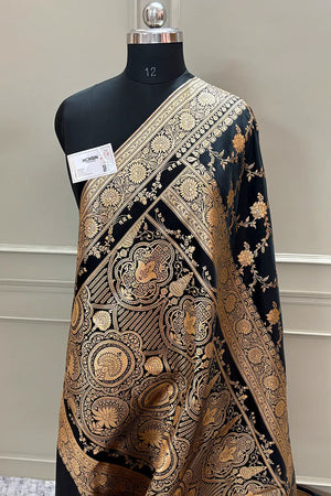 Black Akbari Jaal Katan Silk Banarasi Saree