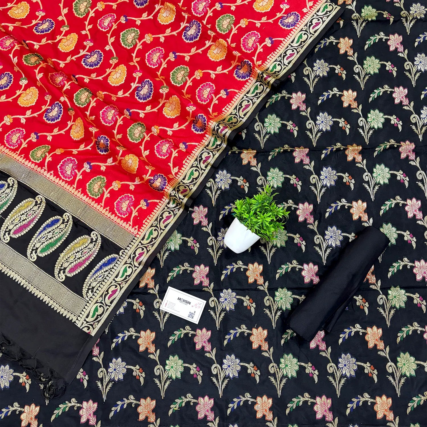 Black and Red Golden Zari Katan Silk Banarasi Saree