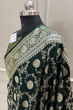 Bottle Green Pankhuri Jaal Katan Silk Banarasi Saree