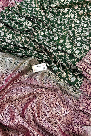 Bottle Green and Purple Maharani Jaal Crepe Silk Banarasi Saree