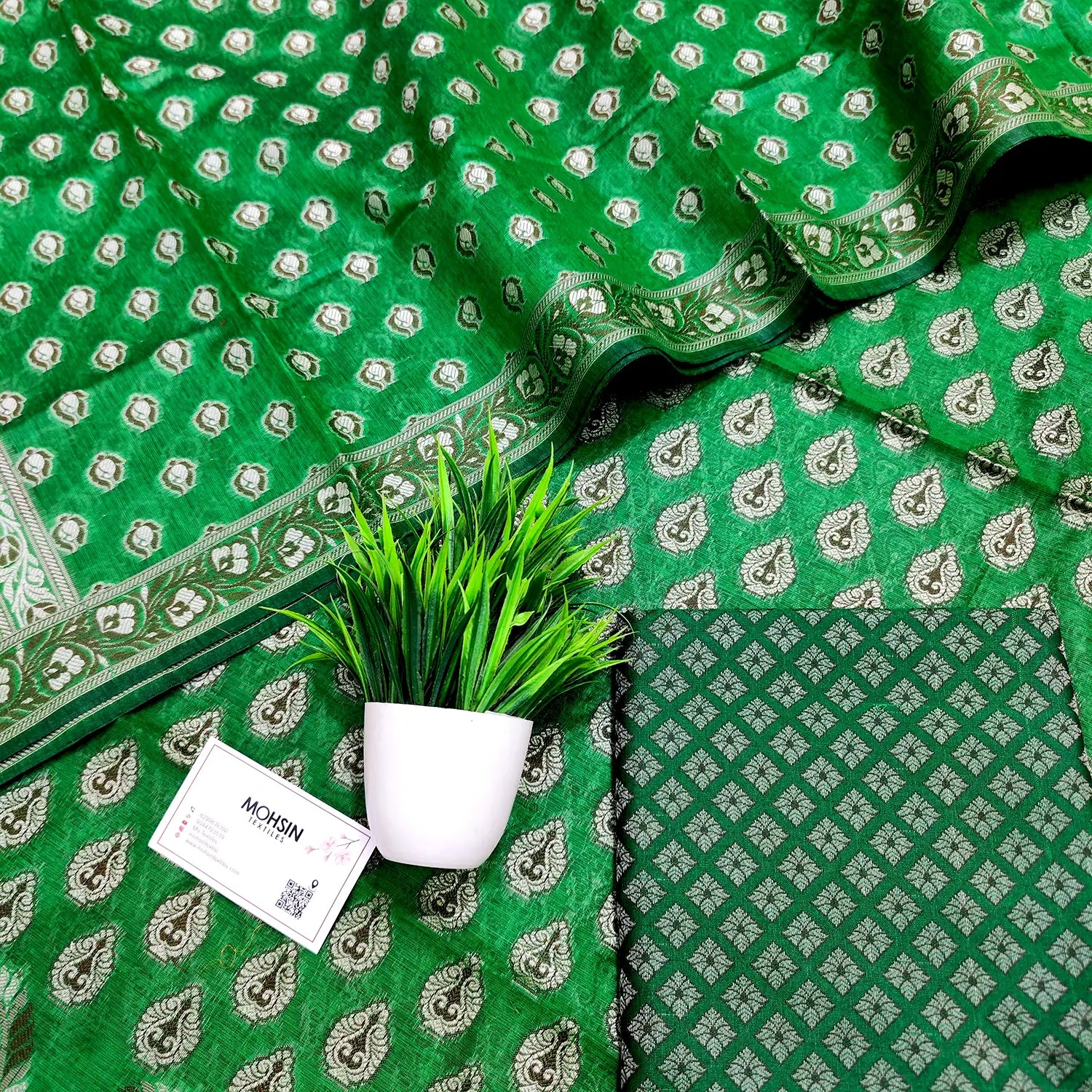 Green Surahi Buti Cotton Silk Banarasi Suit