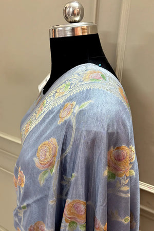 Grey Rosy Jaal Georgette Silk Banarasi Saree