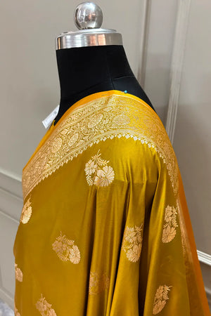 Mustard Golden Flower Katan Silk Banarasi Saree