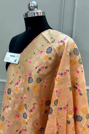 Peach Golden Zari Katan Silk Banarasi Dupatta