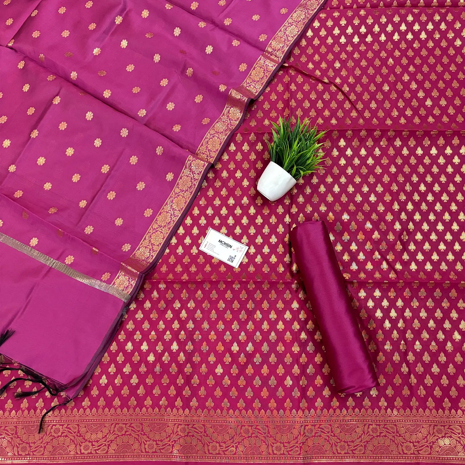 Pink Chidiya Buti Satin Silk Banarasi Suit