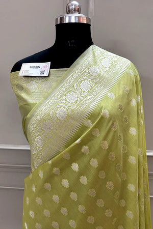 Pista Golden Zari Crepe Silk Banarasi Saree