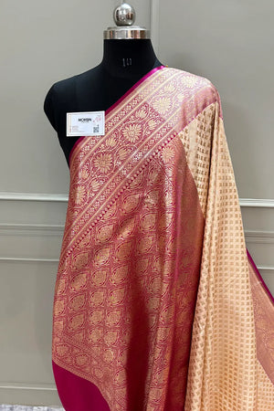 White and Pink Chidi Buti Katan Silk Banarasi Saree