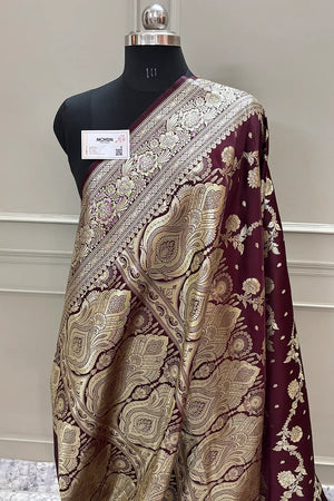 Wine Tirchi Daal Katan Silk Banarasi Saree