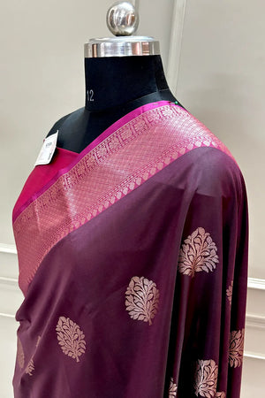 Wine and Pink Golden Zari Banarasi Silk Saree
