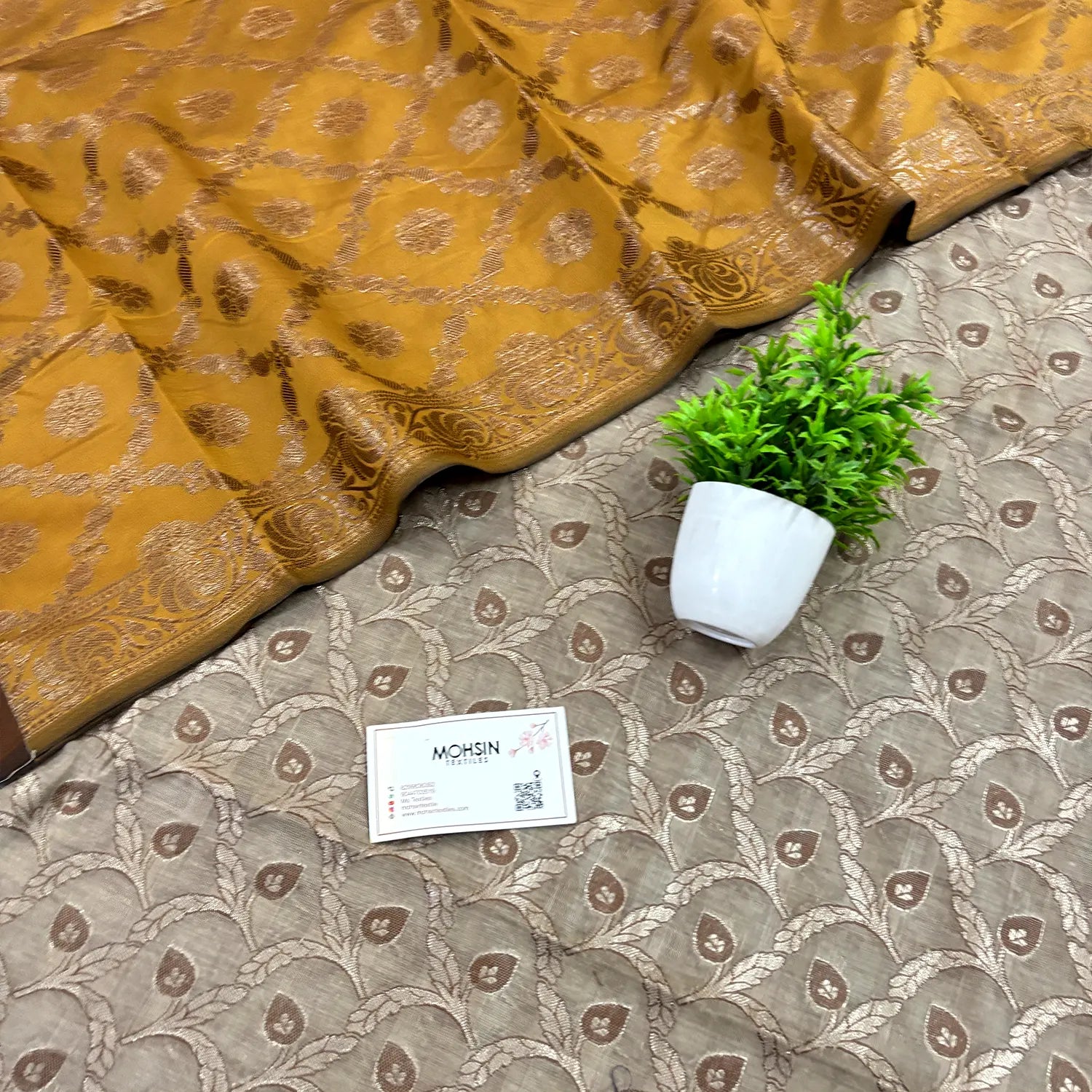 Beige and Mustard Patti Jaal Banarasi Silk Suit